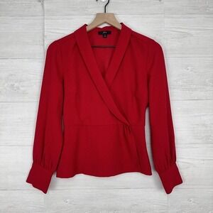 J. Crew Blouse Drapey Top Red Crepe‎ Faux Wrap Size 2 Cinched Waist Shawl Collar
